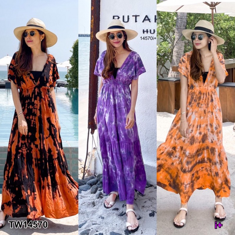 kudapy Maxi Dress เดรสยาวสีดำ ม่วง ส้ม คอวีแขนสั้น ดึงยางเอวเย็บรูดชายบายสองชั้น ใส่เที่ยวทะเลเบาสบาย