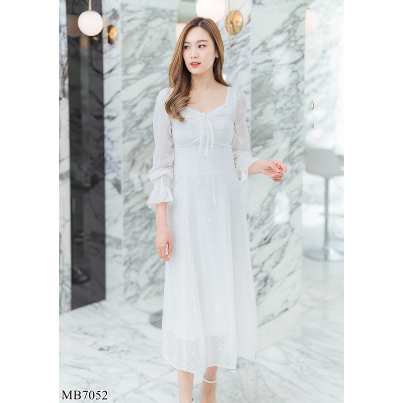 kudapy เดรสยาวสีกรม/สีขาว/สีชมพู แขนยาวลูกไม้ซีทรู สวยดูดีใส่สบายตัว