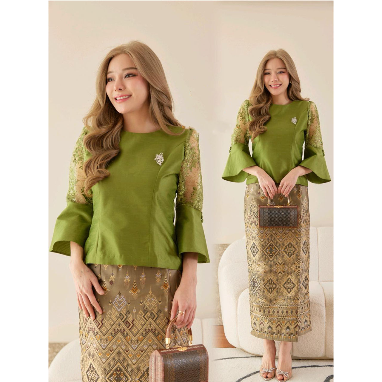 kudapy เสื้อเนื้อผ้าไหม 4 เส้นสีเขียว/สีขาว/สีเทา/สีฟ้า ลูกไม้ฝรั่งเศส สวยดูแพงซ่อนความงามแบบไทย (เฉพาะเสื้อ)