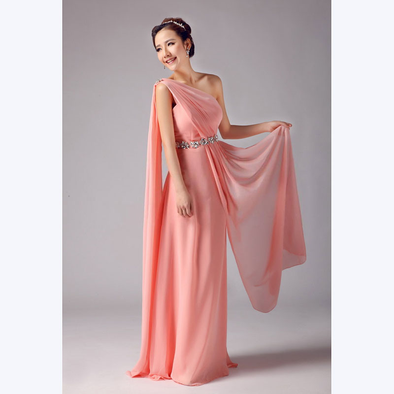 kudapy ชุดราตรียาวสีโอรส ไหล่เดียว จับเตรปสไตล์กรีก คาดคริสตัลช่วงเอว