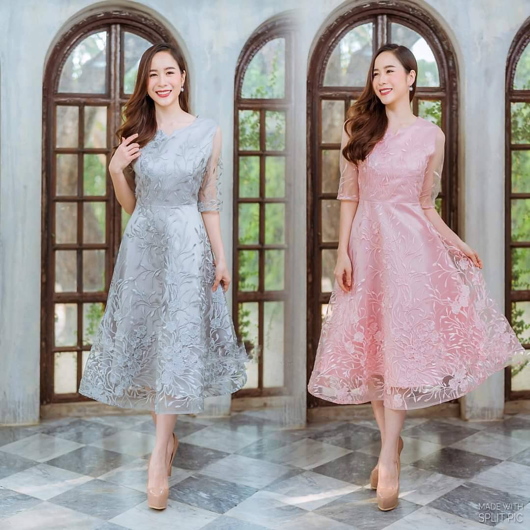 kudapy ชุดราตรียาวคลุมเข่า แม็กซี่เดรสยาวสีชมพู/สีเทาเงิน เดรสราตรีลูกไม้ปักกลิตเตอร์วิ้ง คอกลมแขนยาวสามส่วน เดรสทรงปล่อย