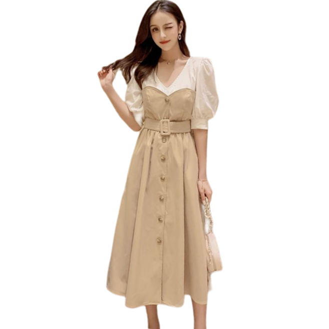 เดรสยาวคลุมเข่าสีครีมผ้าคอตตอนเนื้อดี ดีไซน์ตัดเย็บเหมือนใส่ 2 ชิ้น Xl