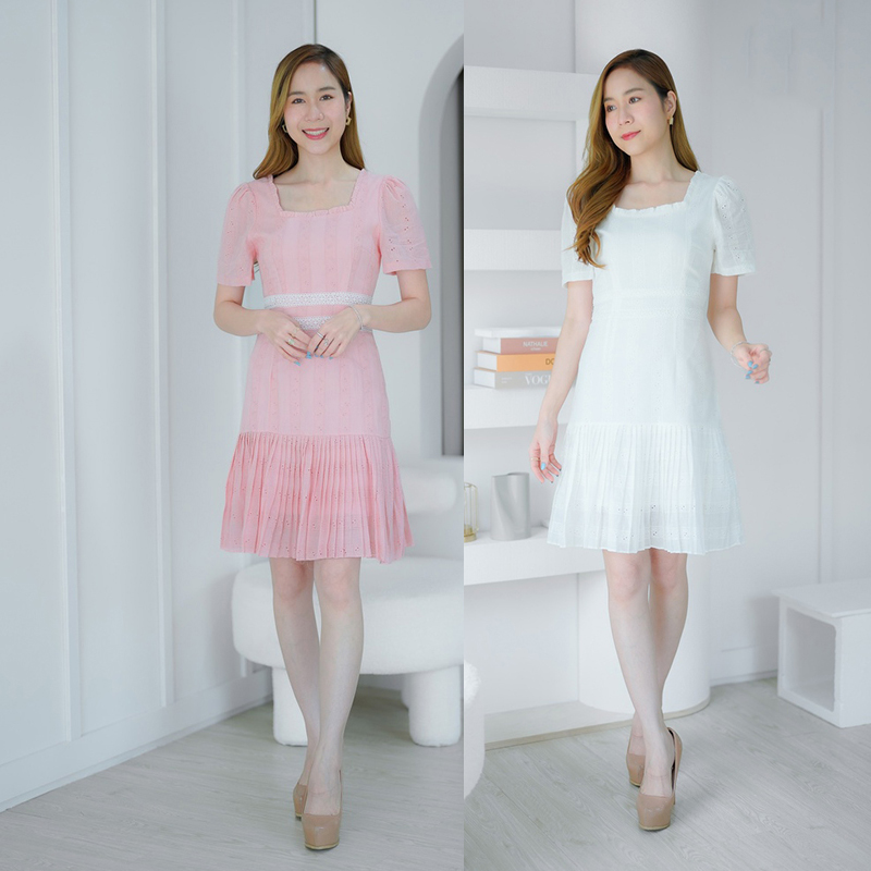 kudapy เดรสสั้นสีชมพู/สีขาว ผ้าฉลุสั้นเอวตัดลูกไม้ใส่สบายสวยดูดีน่ารัก