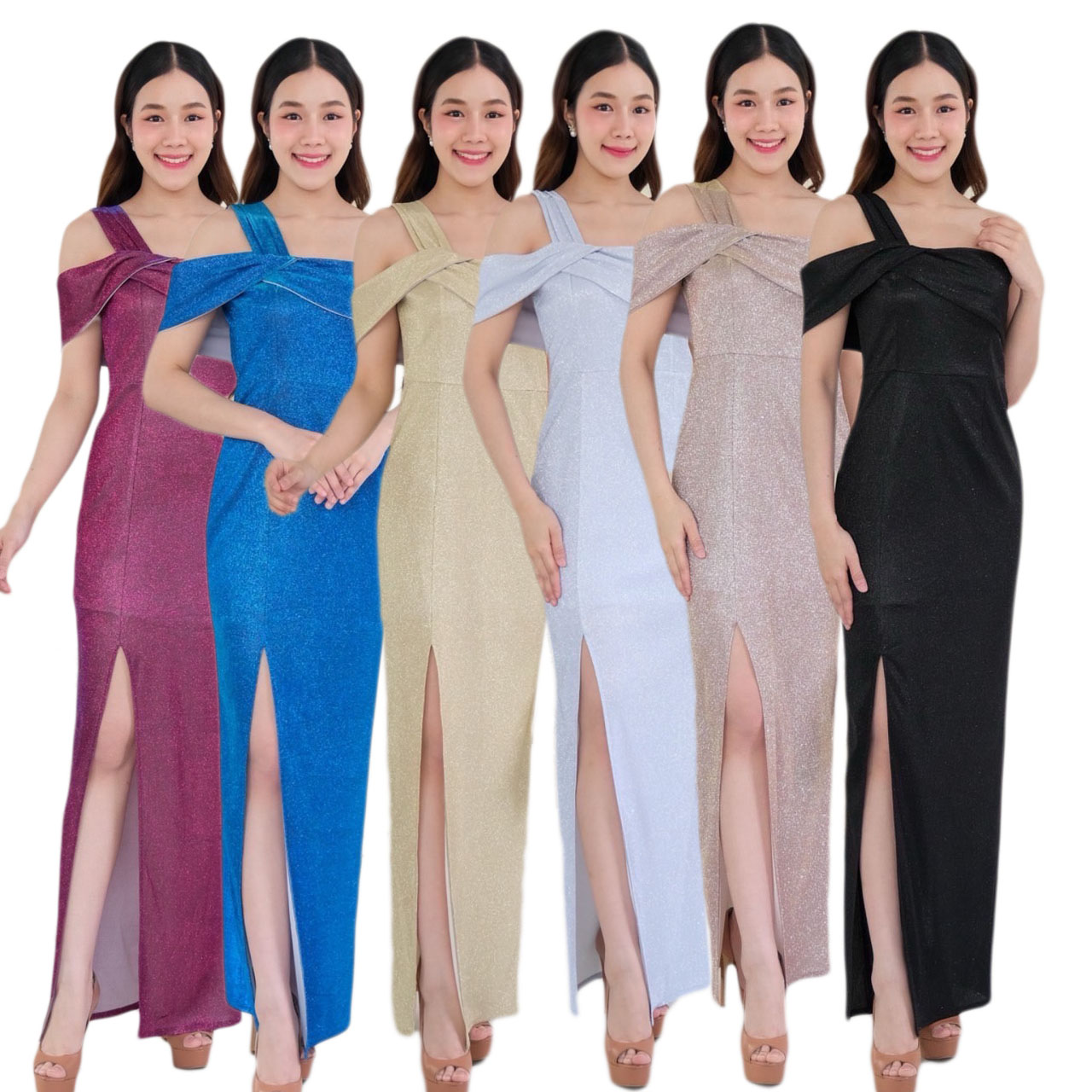 kudapy เดรสยาวสีชมพู/สีเงิน/สีทอง/สีดำ/สีม่วงแดง/สีน้ำเงิน ไหล่เดี่ยว แต่งดีเทลแถบผ้ารัดแขนด้านขวา ทรงเข้ารูป ผ้าหน้า