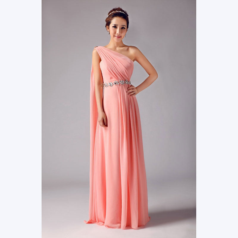 kudapy ชุดราตรียาวสีโอรส ไหล่เดียว จับเตรปสไตล์กรีก คาดคริสตัลช่วงเอว