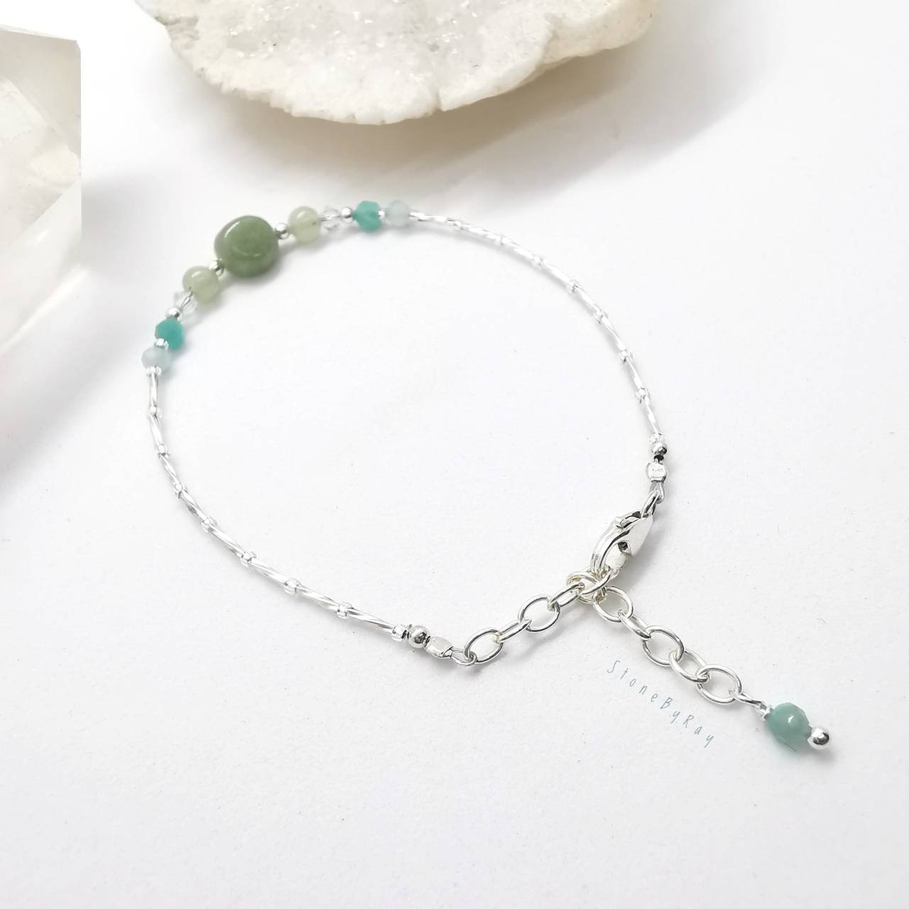 สร้อยข้อมือเงินหินอมาโซไนท์+หยก Amazonite+Jade