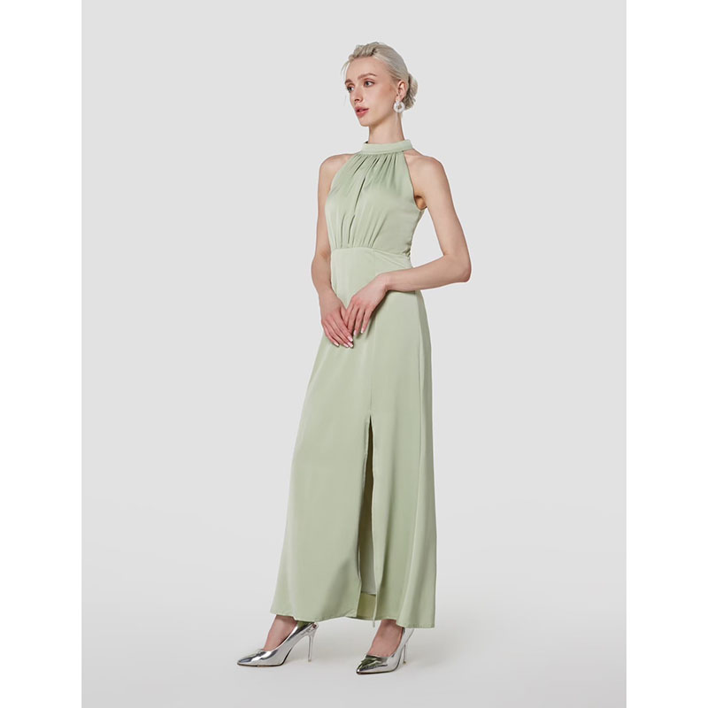 kudapy เดรสยาวสีแดงไวน์/สีเขียว/สีคาราเมล/สีเชมเปญ คอกลมเปิดไหล่ กระโปรงผ่าหน้า ใส่ออกงานสวยดูดี