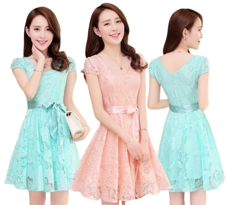 kudapy เดรสสั้นคอวีสีฟ้า/สีโอรส แต่งลูกไม้สวยหรู