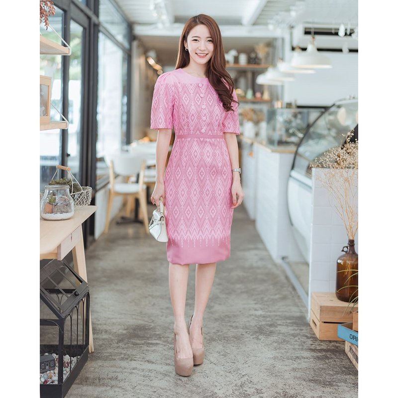 kudapy เซทผ้าไทย เสื้อคอกลมแขนสั้นสีชมพู/สีกรมท่า/สีแดง คอกลมเก็บเอวเข้ารูป ผ้าลายไทยใส่สบายสวยดูดี