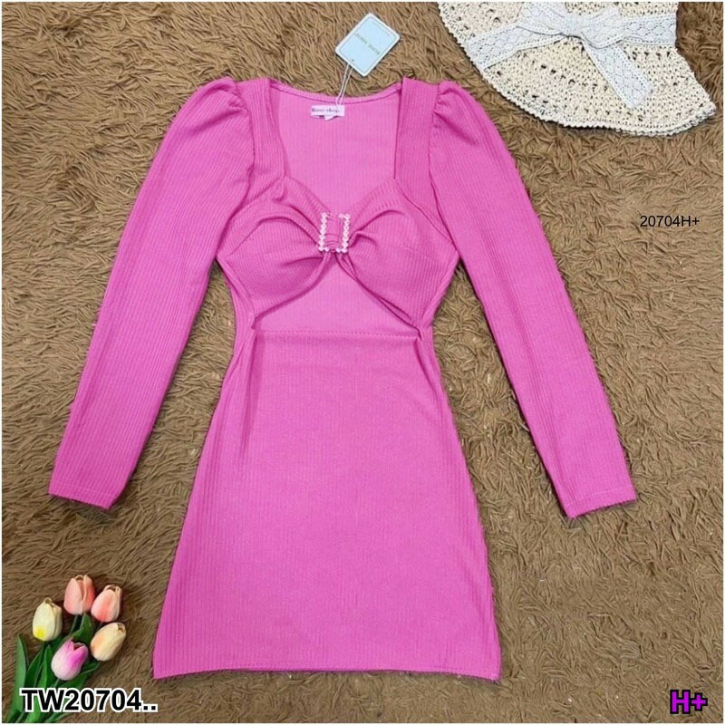 kudapy เดรส minidress แขนยาว แต่งเว้าเอว อกแต่งเข็มขัดเพชร สุดหรู ผ้ายืด ทอปทวิล