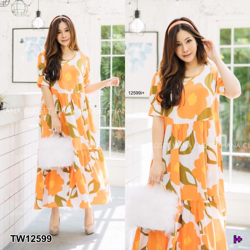 kudapy เดรสยาว #สาวอวบ แขนตุ๊กตา พิมพ์ลายดอก Maxi Dress #สาวอวบ เดรสยาว คอกลม แขนตุ๊กตาไปทะเล