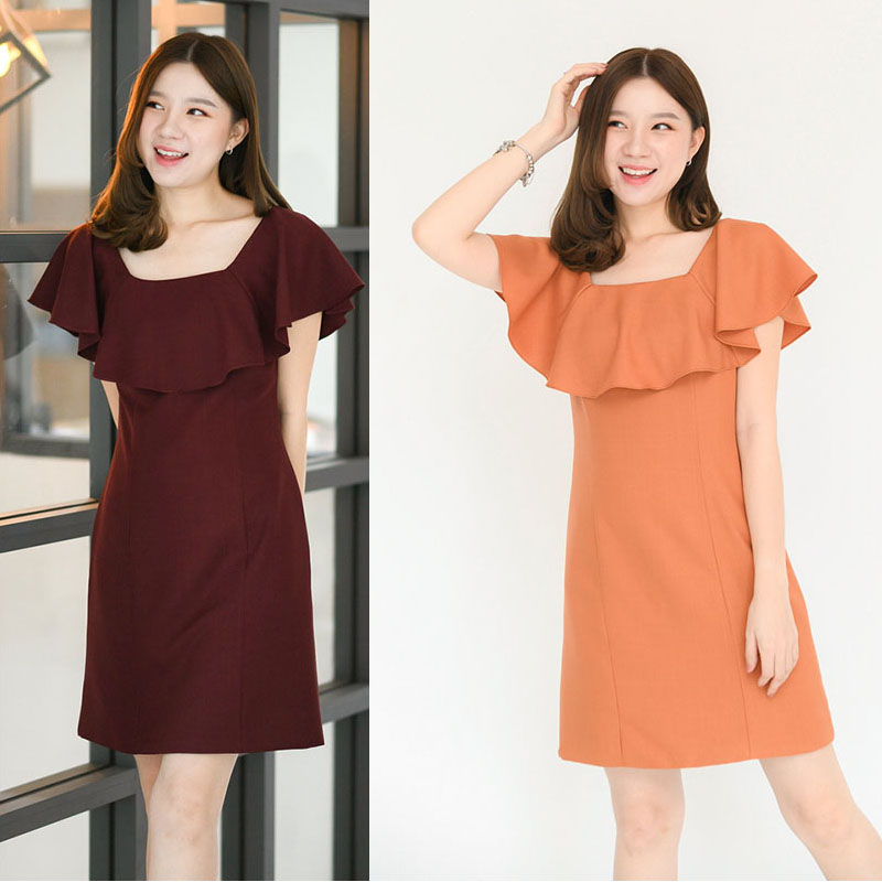 kudapy ชุดเดรสสั้นสีโอรส,สีแดง ระบายไหล่ งานสวยเก๋ ดูแพงมาก คัทติ้งเนี๊ยบตัดต่อ ซับในทั้งตัว เย็บกลับค่า