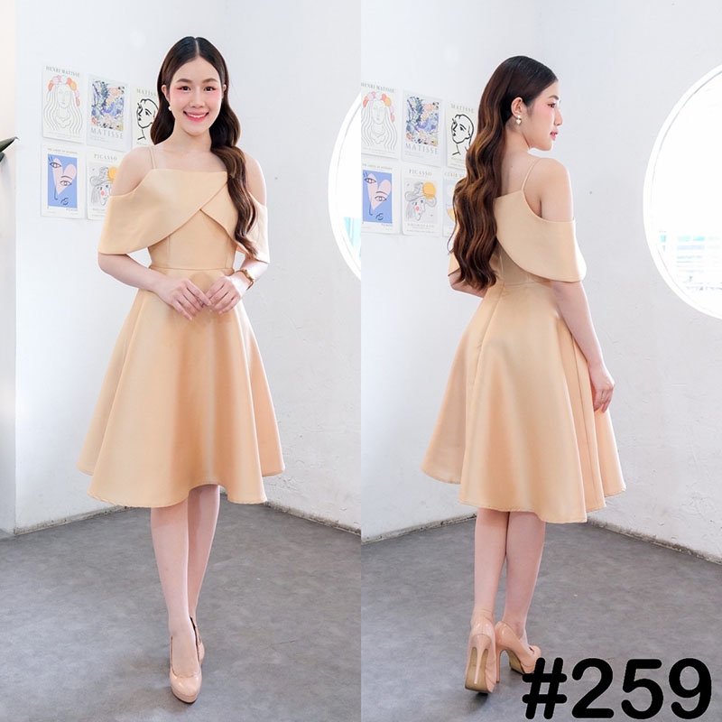 kudapy เดรสสั้นสีทอง ชมพู แดง กรม สายเดี่ยว อกไขว้ป้ายใหญ่ พรางแขนเยอะสุด กระโปรงฟรีสะโพก ใส่ง่าย ไม่รั้งแขน
