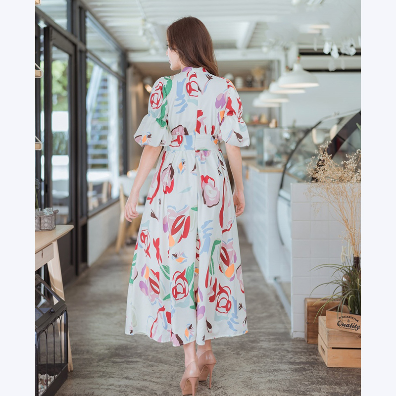 kudapy เดรสยาวคอวี แขนพอง สีขาว,สีชมพู คอวีกระดุมหน้าดูดีสวยใส่สบายสไตส์คุรหนูมากๆ