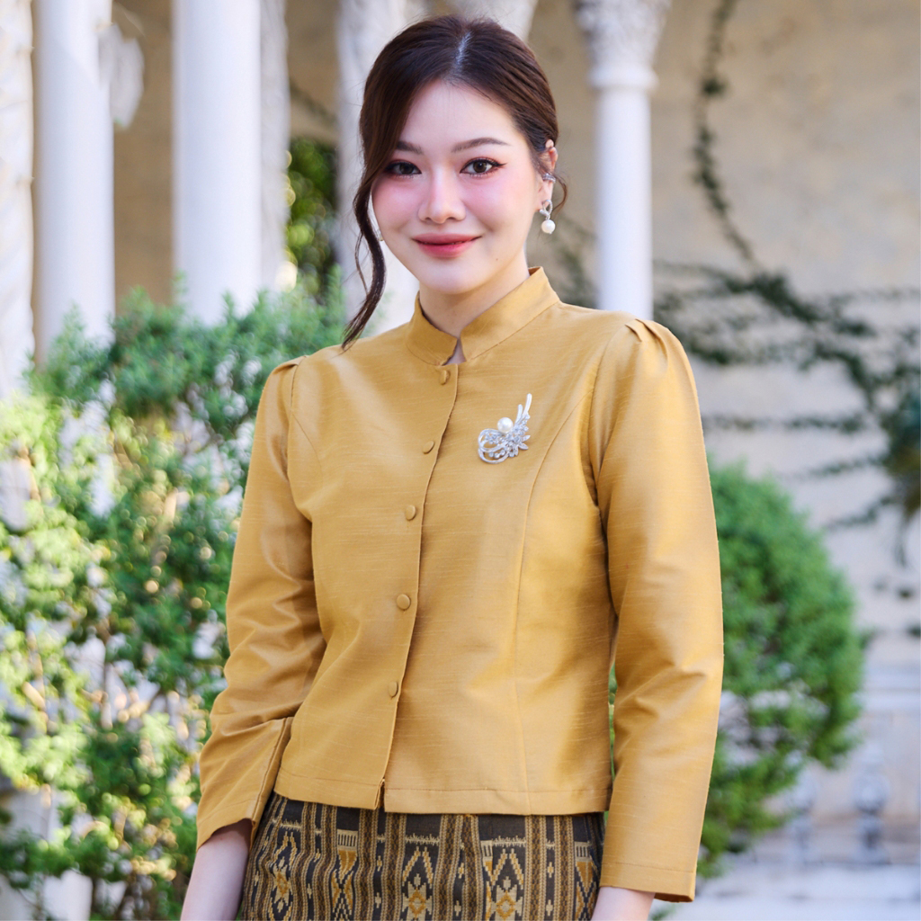 kudapy ชุดเซตคอจิตรลดาสีเหลืองทอง แขนยาว เสื้อผ้าไหม+ผ้าถุงทอลายกาฬสินทร์ ทบหน้า