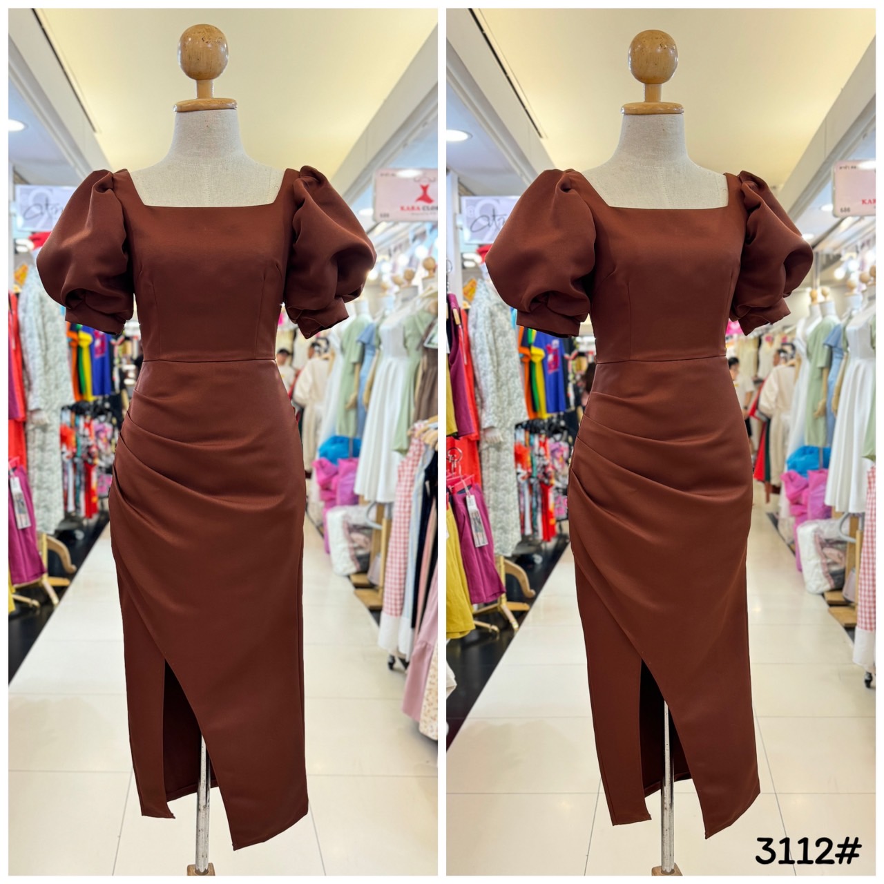 kudapy เดรสขอเหลี่ยม แขนพอง ตุ๊กตา จับจีบเอว-สะโพก กระโปรงทรงสอบ เก็บทรง ดีเทลกระโปรงป้ายผ่าข้าง