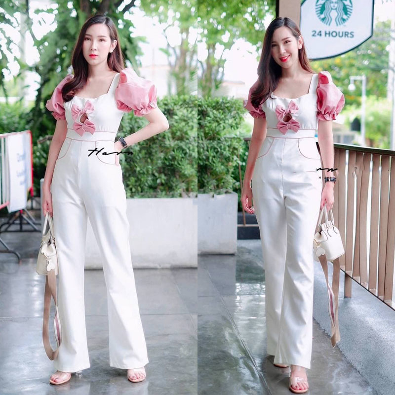 kudapy จั้มสูทขายาวผ้าซาร่าสีขาว ตัดต่อทูโทน กรี๊สสสสมาเลยค่ะชุดนี้ ขายดีตามหากันเยอะสุด