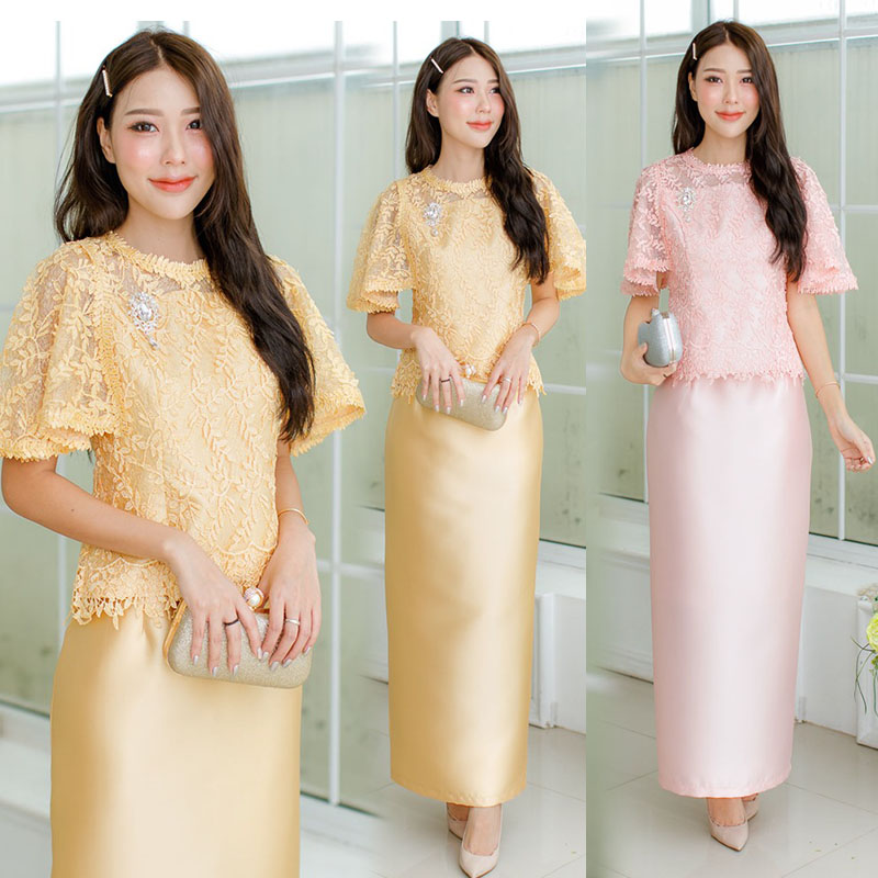 kudapy เดรสออกงานสีชมพูโอรส/สีทอง ผ้าไหมเกรดพรีเมี่ยมลูกไม้เกรดนำเข้า ลูกไม้ใยบวบปักเลื่อม แขนร้านทำทรงระบายใช้ผ้าเยอะมาก