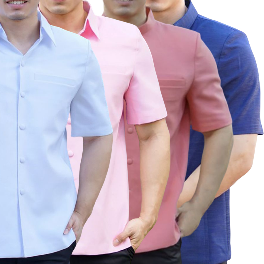 kudapy เสื้อผ้าไหมคอปก เสื้อผู้ชายคอพระราชทาน ผ่าหน้า แขนสั้น มีกระเป๋าด้านซ้ายบน (อัดผ้ากาว มีฟองน้ำเสริมไหล่)