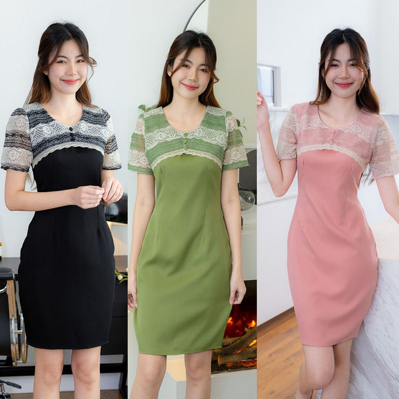 kudapy เดรสสั้นสีชมพู/สีดำ/สีเขียว เดรสไหล่ลูกไม้ ผ้าใส่สบาย สวยดูดี