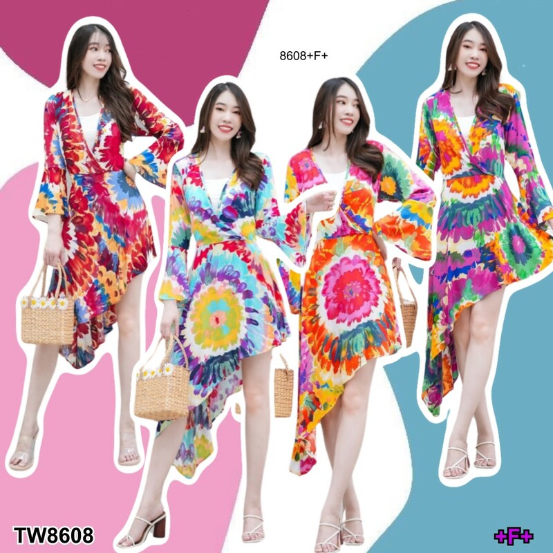 kudapy เดรสสั้น ชายเฉียงระบายชายหางปลาแบบจัดเต็ม ผ้าพริ้ว แขนยาวปลายแขนระบาย