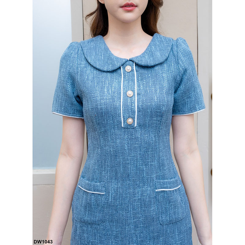 kudapy มินิเดรสปกคอบัวสีฟ้า/สีชมพู/สีกรม มีกระเป๋าข้าง สีพื้น สไตล์เรียบๆเป็นงานซิปหลังน้า