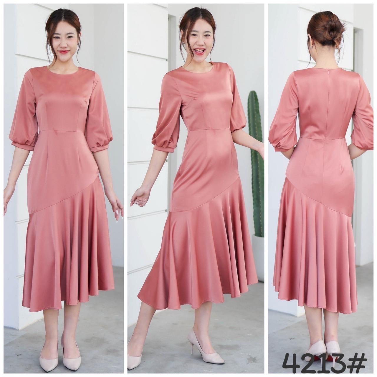 kudapy Midi dress ทรงคอกลม แขนพอง เอวสูง กระโปรงทรงเอ ปลายจับเดรปเฉียงข้าง ใส่พริ้วสวย