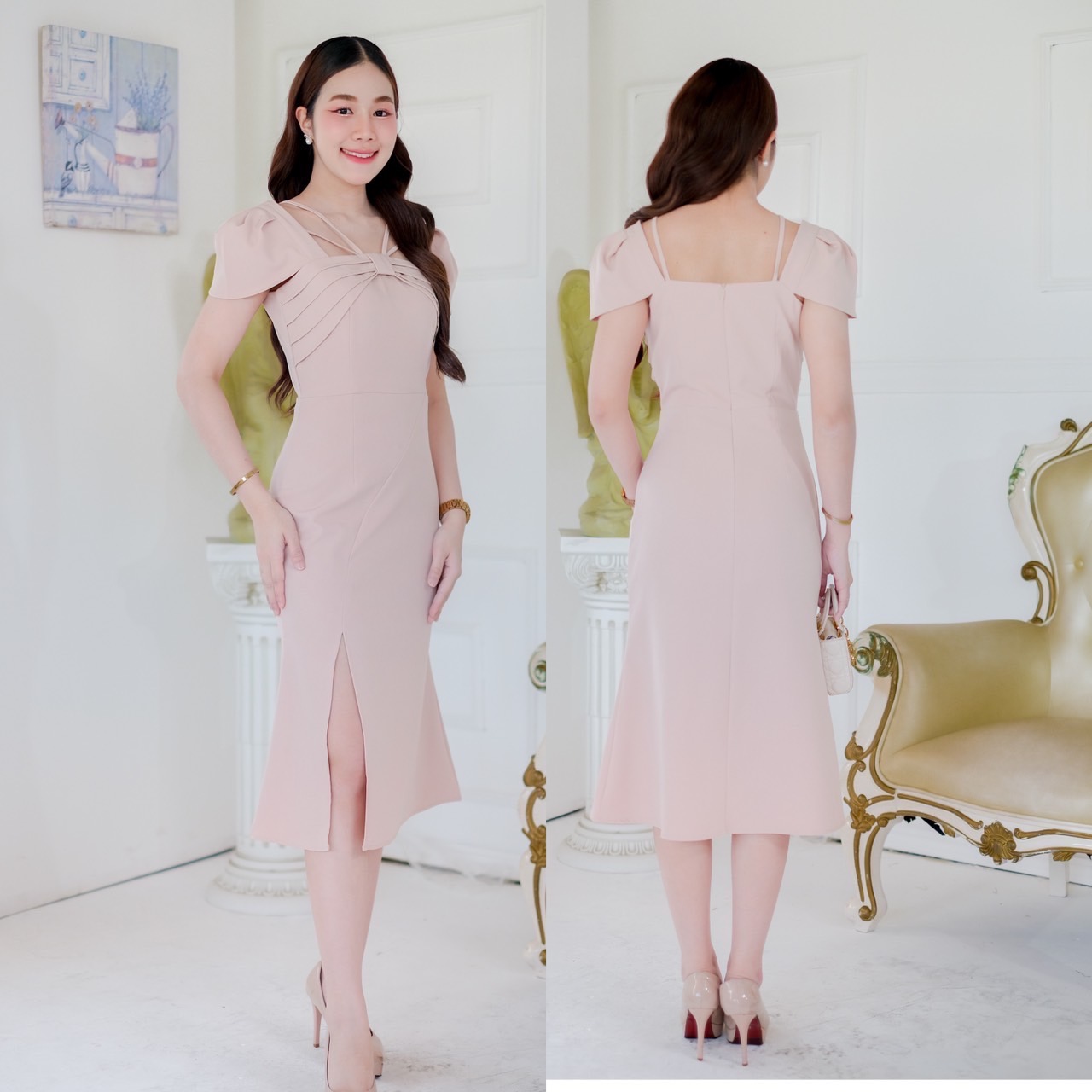 kudapy เดรสสั้นสีชมพูอ่อน/ชมพูเข้ม/ครีมนู๊ด/ ฟ้าเบบี้บลู แขนตุ๊กตา ทรงสุภาพ แต่งโบว์อก ใส่แล้วผอม กระโปรงหางปลา ผ่าหน้า