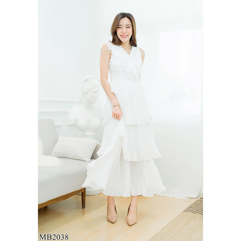 kudapy เดรสยาวสีชมพู/สีขาว แขนกุดกระโปรงพีท 3 ชั้น