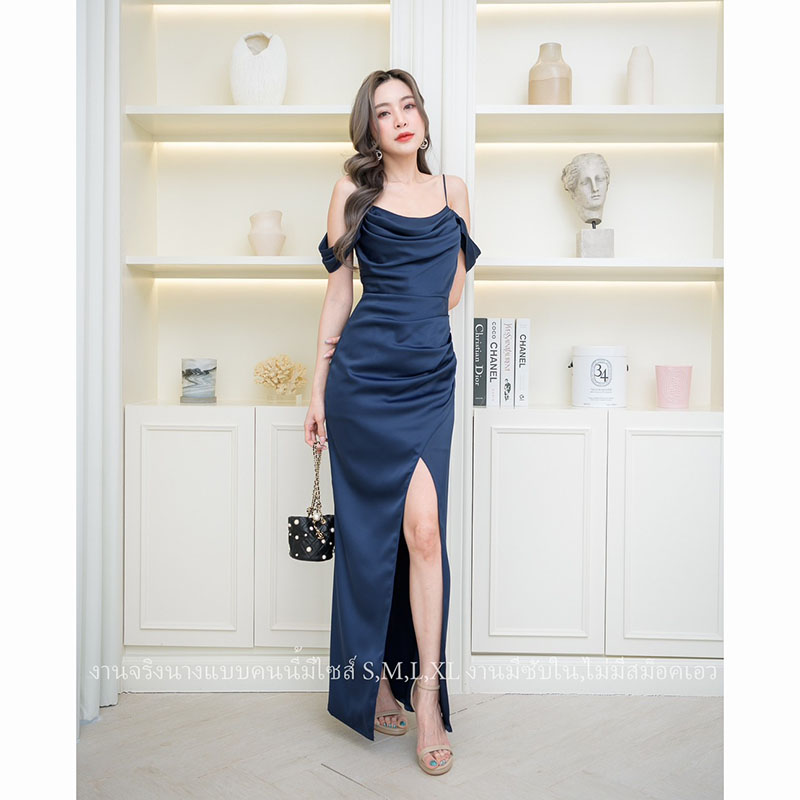 kudapy เดรสยาวเปิดไหล่ใส่ออกงาน สีชมพู/สีกรม/สีน้ำตาลอิฐ/สีแดงเลือดหมู ซับในทั้งชุด ผ้าเครปซาตินเนื้อดี