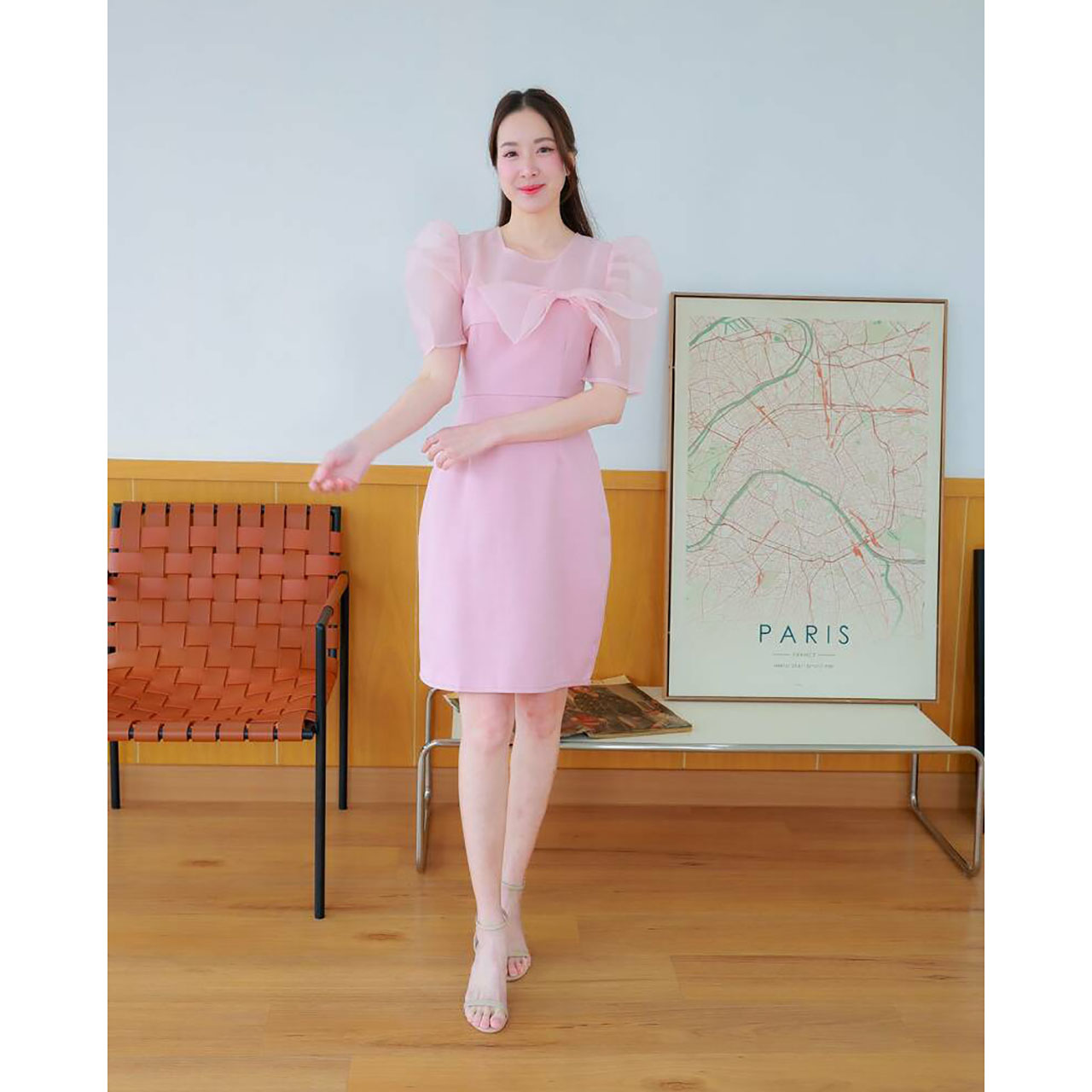 kudapy เดรสกระโปรงทรงเอเสื้อผ้าแก้วแต่งโบว์