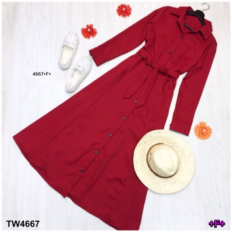 kudapy Maxi Dress แม็กซี่เดรสเชิ้ตแขนยาว สีพื้น งานเชิ้ตแต่งคอปกกระดุมช่วงหน้ายาวข้างเอวเย็บติดสายผูกเอว