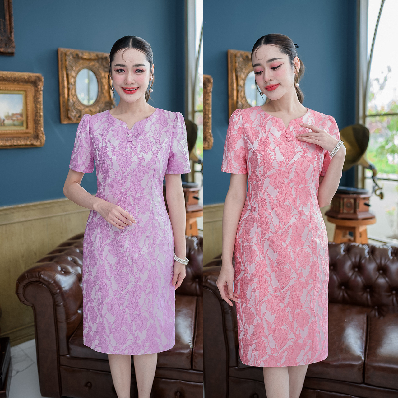 kudapy เดรสสั้นสีชมพู/สีม่วง แขนสั้นทรงใส่ง่าย ช่วงคอเป็นคอวีแต่งเคิพ ลายดอกเป็นงานทอลายนูน