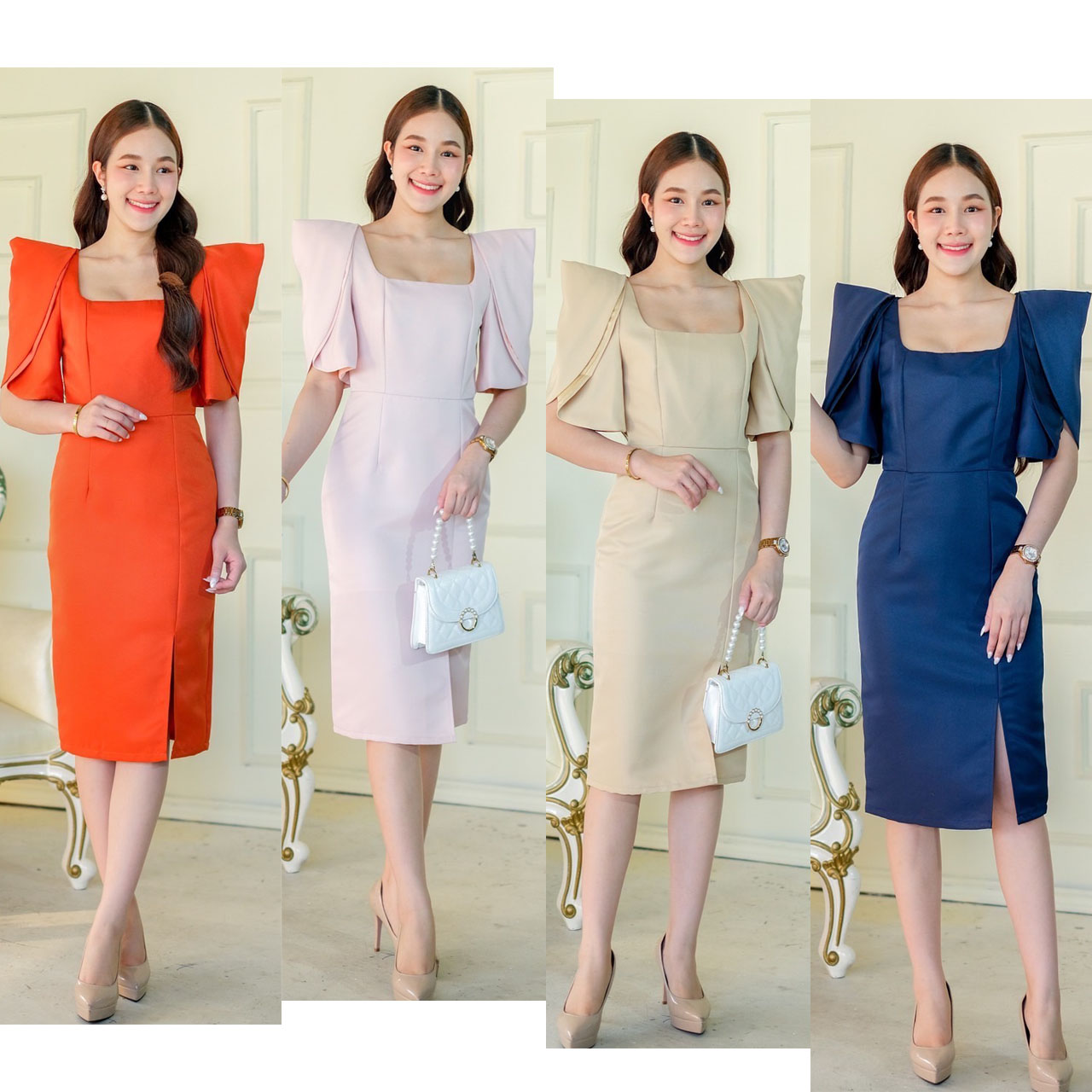 kudapy เดรสสั้นสีชมพู/สีทอง/สีกรมท่า/สีส้ม ทรงสอบ คอเหลี่ยม แขนสั้นสองชั้น กระโปรงทรงสอบ เก็บสะโพก เอวสูง