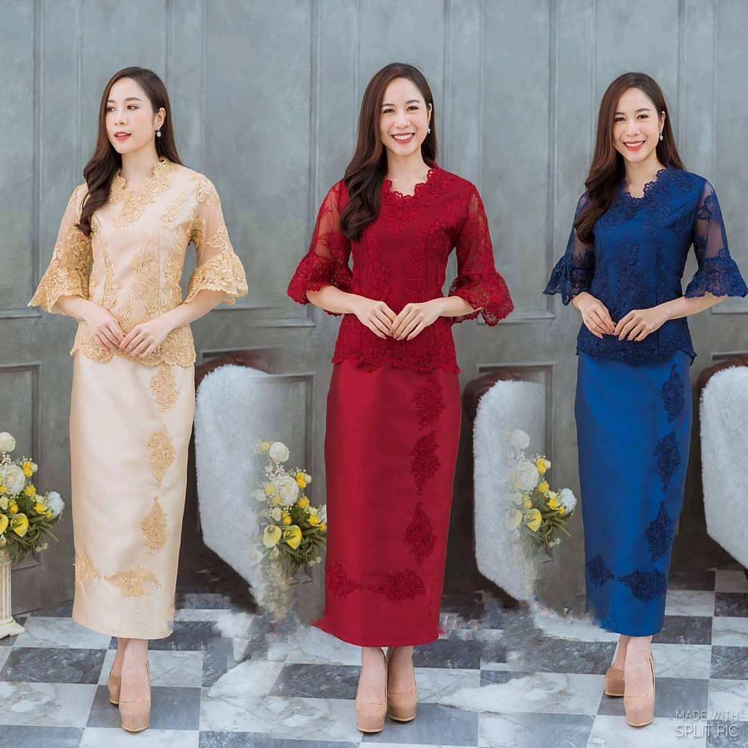 kudapy ชุดเซตไปงาน สีแดง/สีครีมทอง/สึน้ำเงินกรมท่า เซตเสื้อลูกไม้คอวีแขนกระดิ่ง+กระโปรงผ้าไหมอิตาลีทรงเอ ลูกไม้ปักเลื่อม