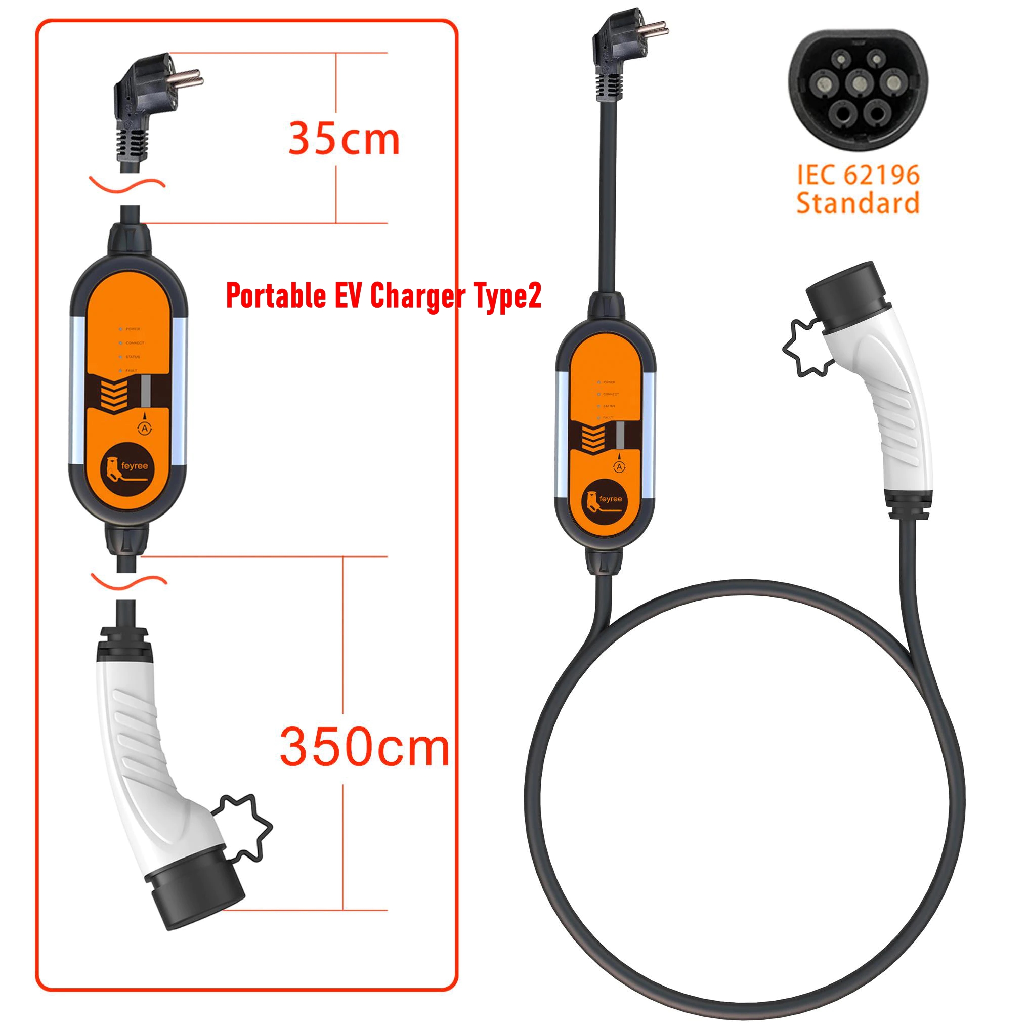 เครื่องชาร์จรถยนต์ไฟฟ้าแบบพกพา EV fast charger สำหรับรถยนต์ไฟฟ้า มีหน้าจอLCDแสดงผล ยี่ห้อ Feyree ปลั๊กเสียบชนิด Type2 กระแส 16A กำลังงาน 3.5kW