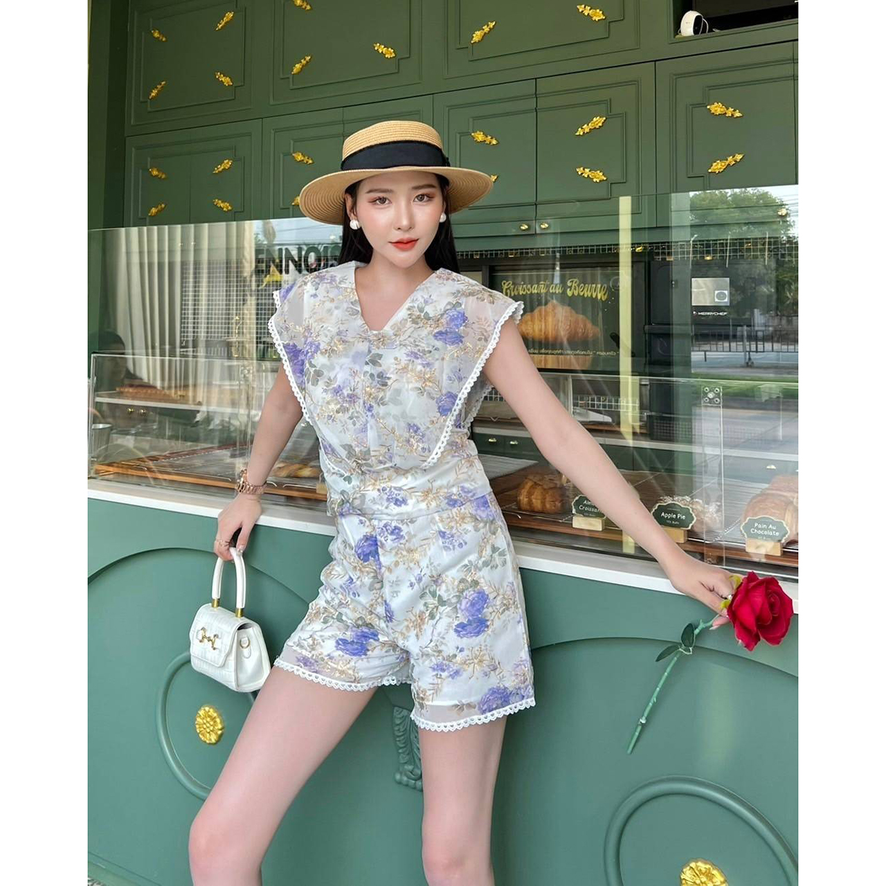 kudapy set เสื้อ+กางเกง งานปัก แต่งฉลุ ผ้าดีมาก ใส่สบาย เรียบหรูไฮโซ ใส่เที่ยว ใส่ชิว