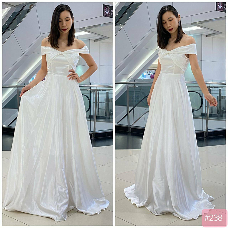 kudapy เดรสยาวสีขาว แดง โรสโกลด์ พิ้งโกลด์ ฟ้า อกทวิต พรางแขน พรางสะโพก เปิดบ่าโชว์ไหล่นิดๆ ใส่แล้วดูเพรียว ซิปหลัง ใส่ง่าย ใส่ออกงานสวยดูดี