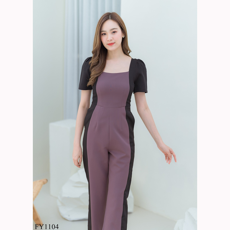 kudapy จั้มขายาวแขนสั้นสีครีม/สีม่วง เนื้อผ้าดี ใส่สบายตัว