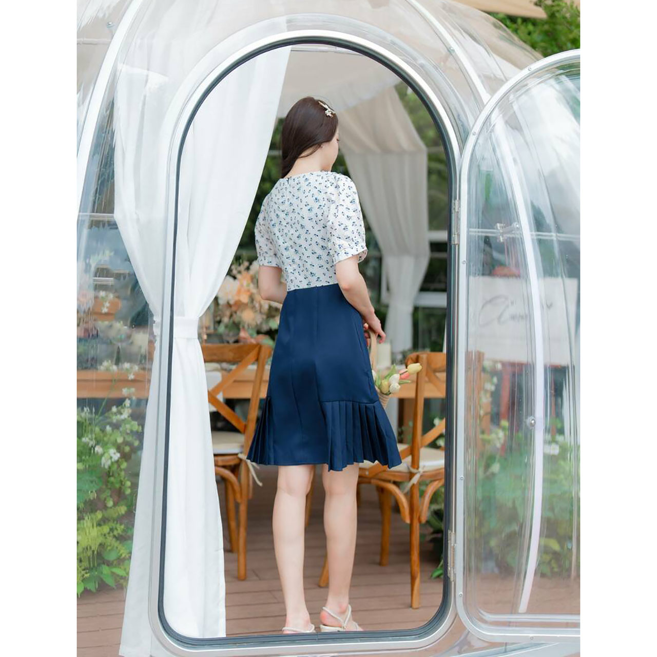 kudapy เดรสสั้นสีชมพู สีกรม สีน้ำเงินเข้ม คอบัวเสื้อลายดอกกระโปรงผ้าพื้น