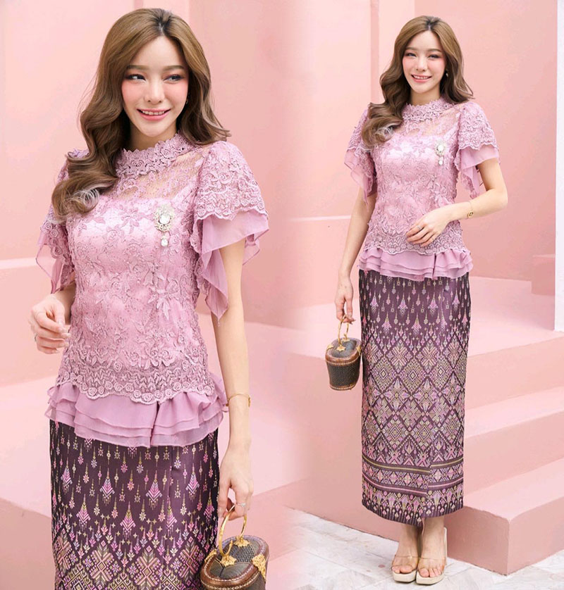 kudapy ชุดเซทผ้าถุง+เสื้อลูกไม้สีม่วง/สีส้ม ชุดใส่ออกงาน