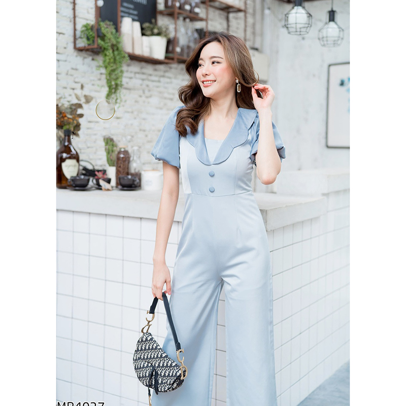 kudapy จั๊มสูทสีชมพู/ยีนส์สีอ่อน คอวีระบายขายาวใส่สบายสวยดูดี