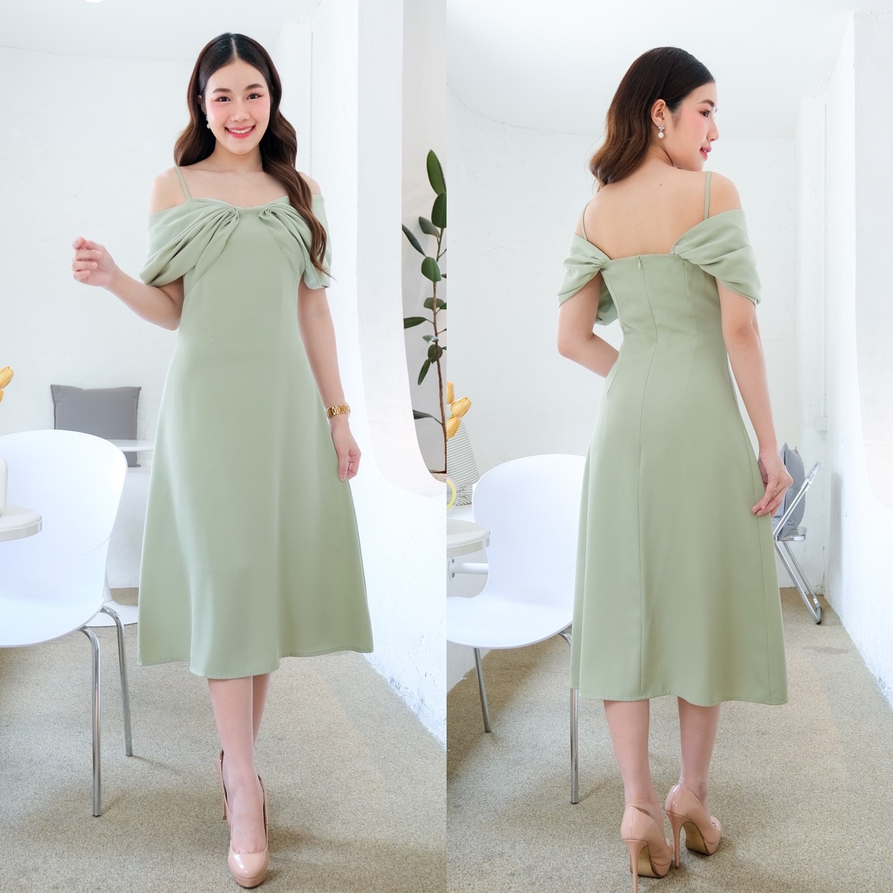 kudapy เดรสสั้นสีครีม/ชมพู/เขียวอ่อน/แดง สายเดี่ยว บ่าตก ใส่ปิดบ่า หรือเปิดบ่าก็สวย นื้อผ้านิ่มเย็น ใส่สบาย