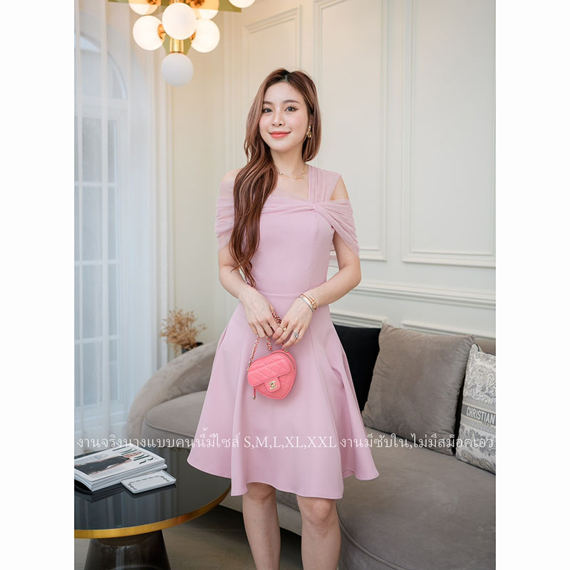 kudapy เดรสสั้นสีชมพู/สีมิ้นอมฟ้า เดรสออกงานปาดไหล่มุ้งกระโปรงบาน น่ารักมากกก งานมีซับใน ซิปด้านหลัง