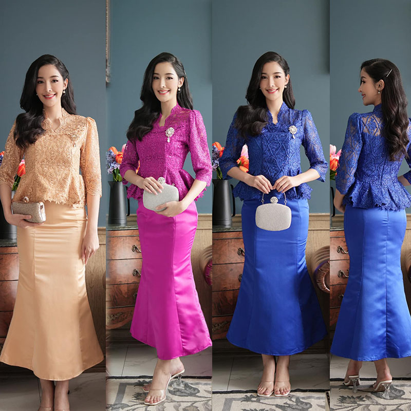 kudapy ชุด set สีทอง/สีม่วงบานเย็น/สีน้ำเงิน เสื้อลูกไม้ใยบวบ + กระหางปลางานผ้าซาติน