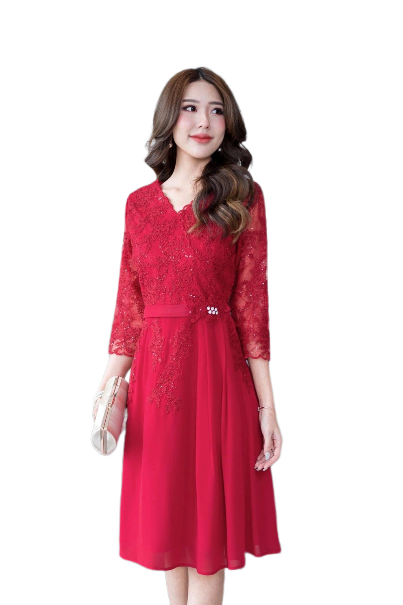 kudapy เดรสสั้นสีชมพู/สีดำ/สีแดง/สีม่วง ลูกไม้ปักเกรดพรีเมี่ยมสวยหรูตกแต่งเลื่อมทั้งตัว ช่วงกระโปรงเป็นผ้า chiffon