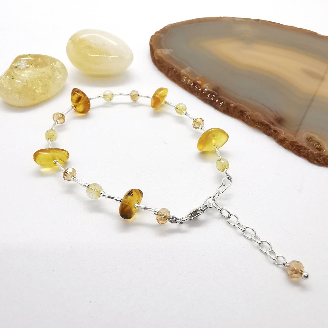 สร้อยข้อมือเงินหินไหมทองกับอำพันแท้ Rutilated Quartz+Amber