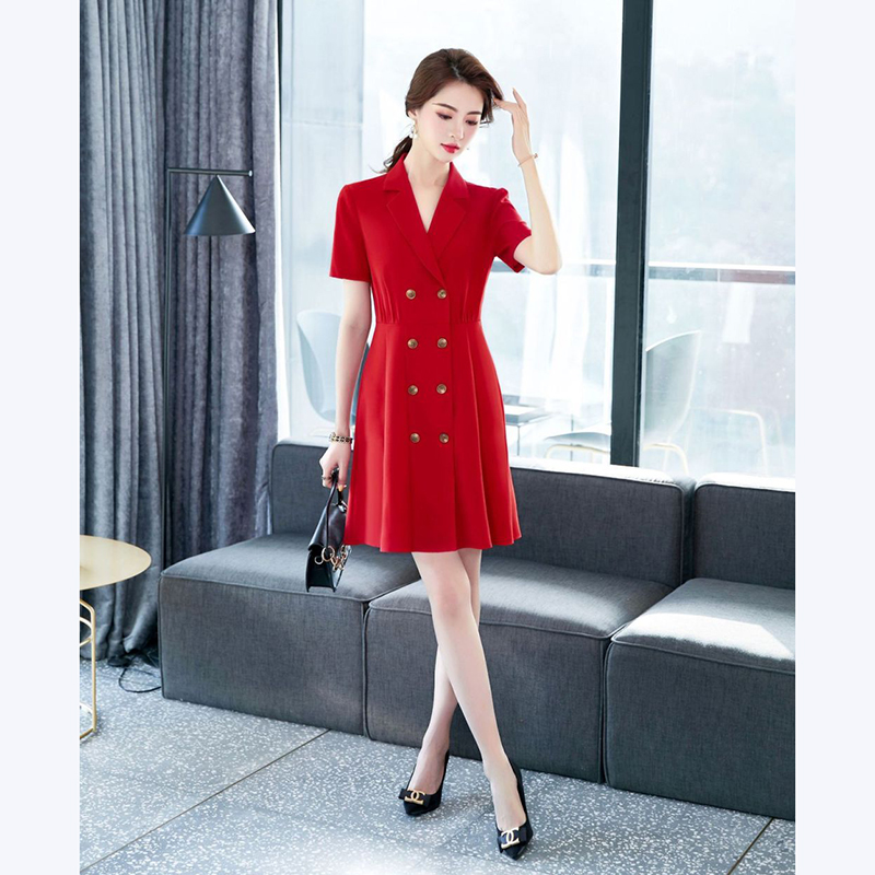 kudapy เดรสแขนสั้น คอปก ผ้าไม่บาง สีเทา สีแดง สีดำ และสีชมพู เหมาะสำหรับใส่ทำงาน หรือใช้เป็นชุดยูนิฟอร์มบริษัท