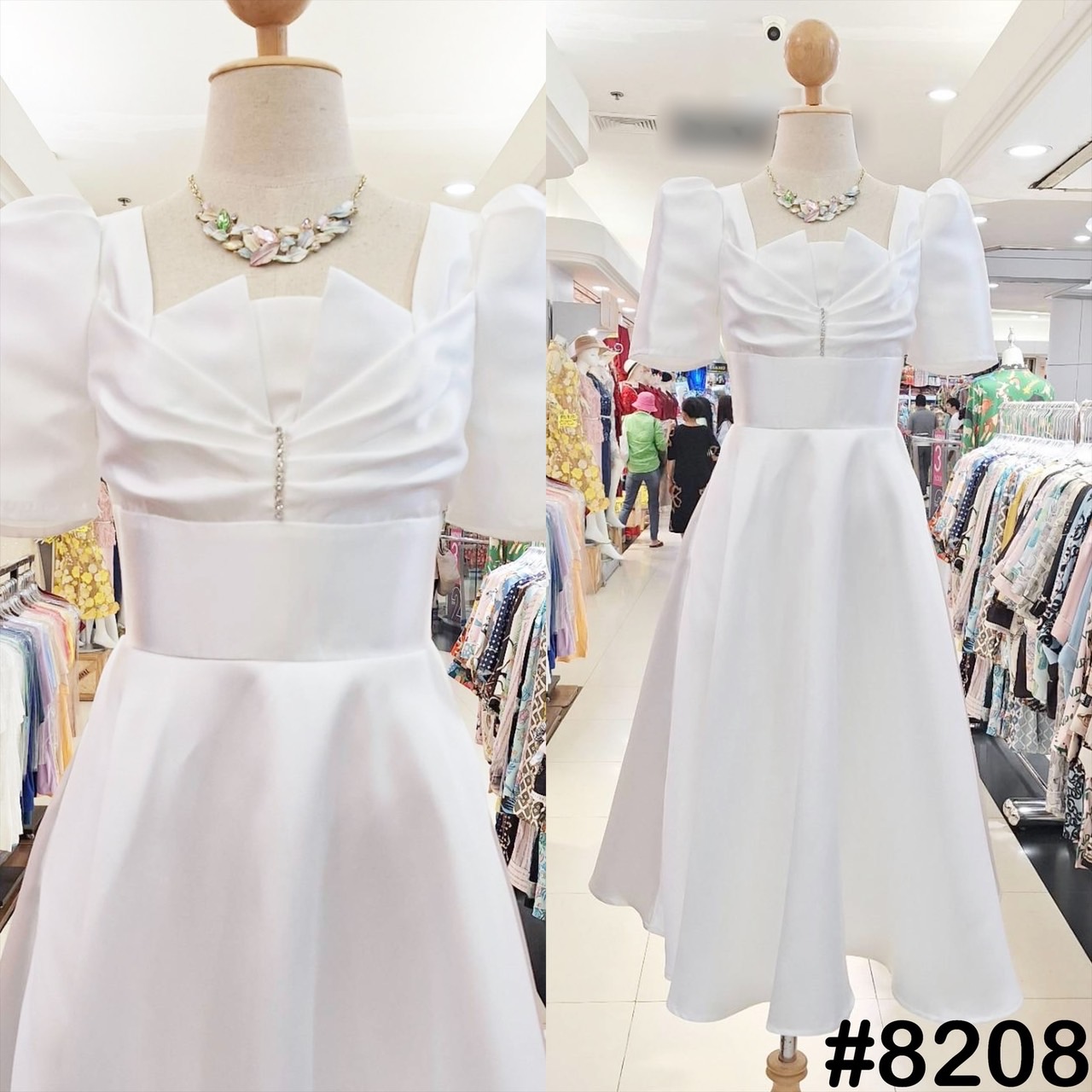 kudapy เดรสออกงาน แต่งจีบอกประดับเพชร แขนทรงจับจีบตุ๊กตา สีขาว,แดง ,โรสโกล ,เขียวอมเทา