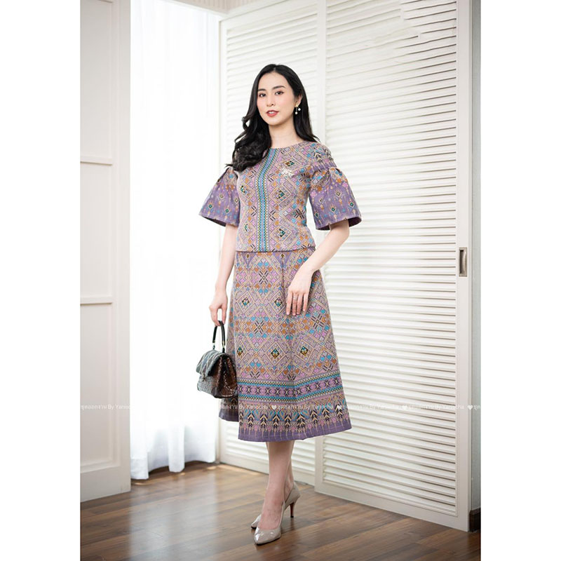 kudapy เซ็ทผ้าฝ้ายทอลายขอประยุกต์ ผ้าพื้นเป็นอมม่วง ทอลายกาฬสินธุ์